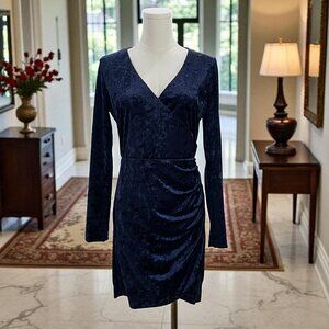 Tea And Cup Navy Velvet Wrap Dress Long Sleeve Party Cocktail Mini Size Large